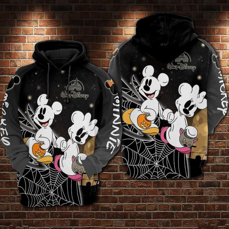 Mickey And Minnie In Halloween Costume Spider Web Over Print 3d Hoodie Zip Hoodie