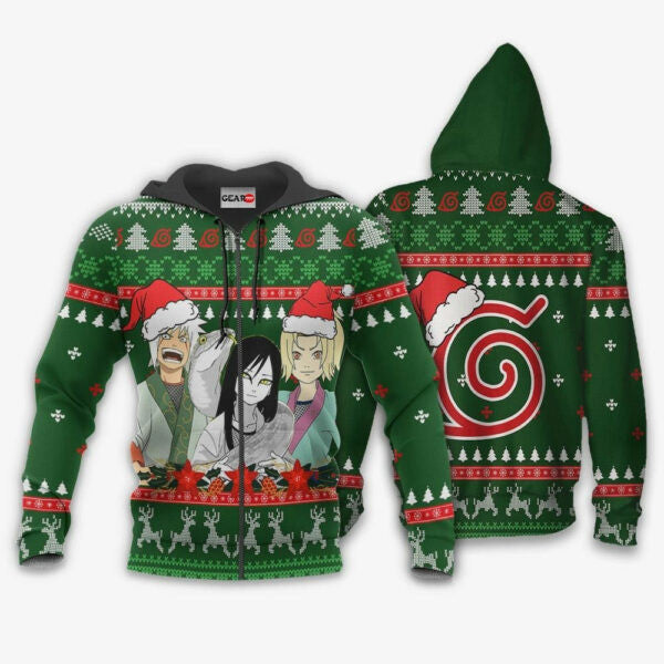 Konoha Team Sannin Ugly Christmas Naruto Anime 1k417 Fan Gift Stylist Unisex Cartoon Graphic Outfits Aop 3d Hoodie, Zip Hoodie 615