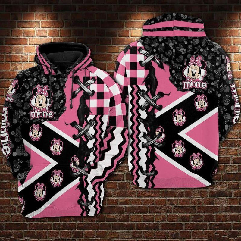 Minnie Mouse Disney, Minnie Stitches Square Check Pattern Pink Aop Hoodie
