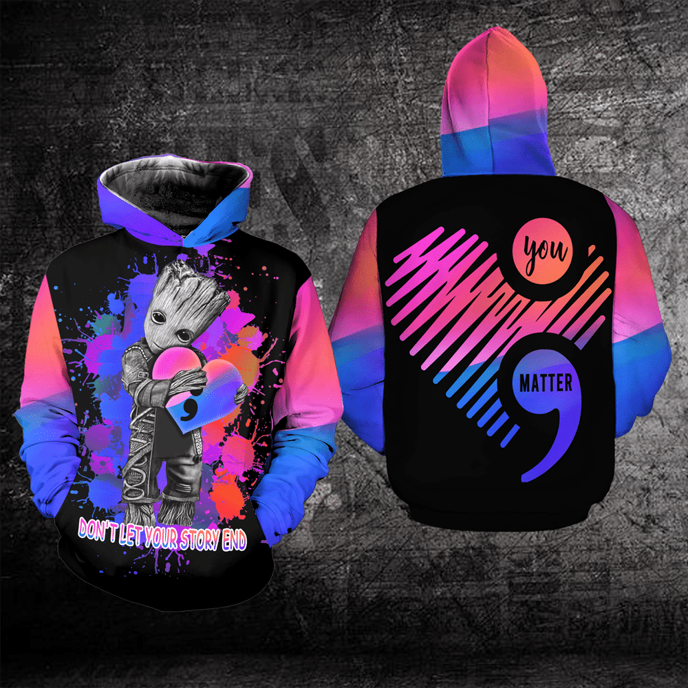 Suicide Awareness, Colorful Groot Suicide Awareness, Dont Let Your Story End All Over Print Hoodie