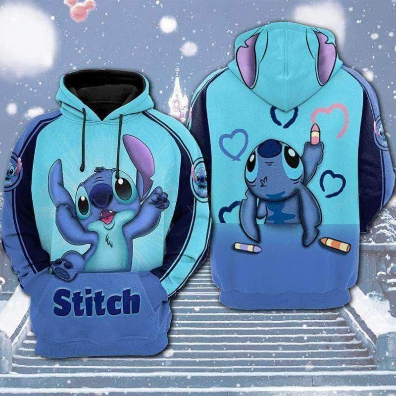 Stitch Disney, Stitch Drawing Hearts Aop Hoodie