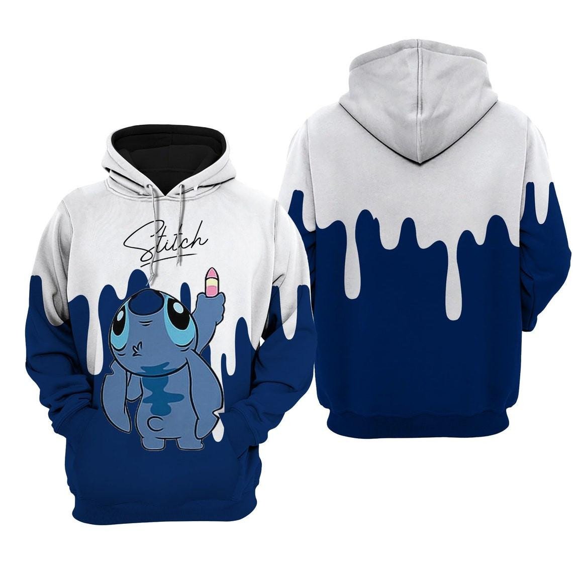 Stitch Navy Dripping Paint Disney Fan, Stitch Navy Dripping Paint, Stylist Unisex Cartoon Graphic Outfits Aop Hoodie