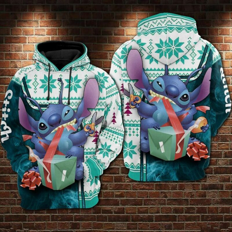 Stitch With Gift Box Cartoon Lilo &amp; Stitch Over Print 3d Hoodie Zip Hoodie