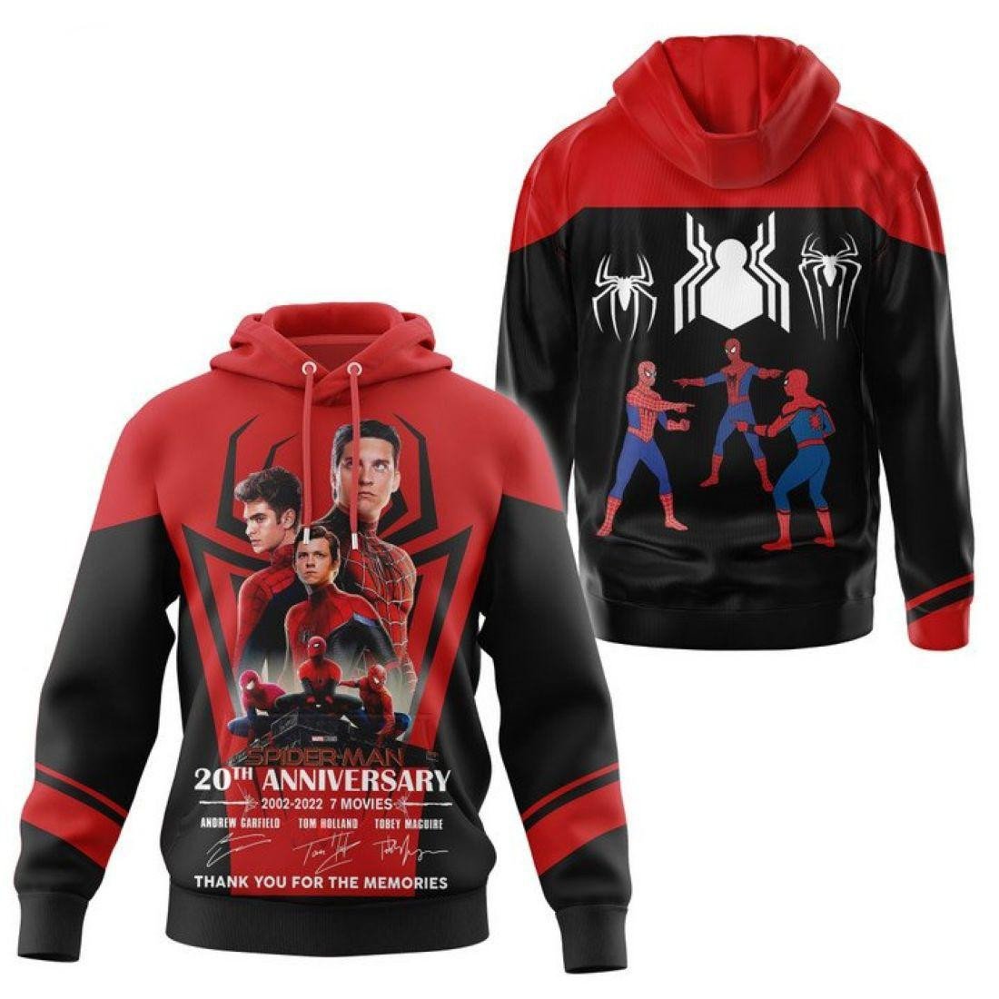 3 Spider Man Signature, Spider-man 20th Anniversary 2002 2025 7 Movies All Over Print Hoodie