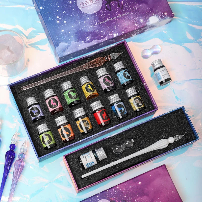 Free Starry Sky Pen Glass Pen Gradient Color Gift Set Dip Pen Business Gift Pen Student Crystal Pen