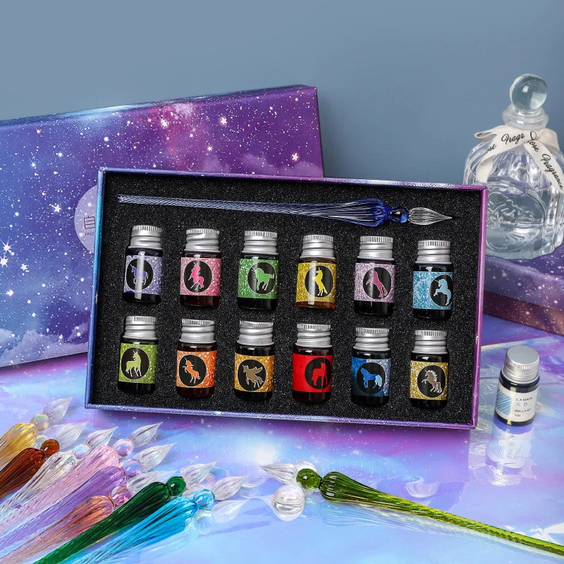Free Starry Sky Pen Glass Pen Gradient Color Gift Set Dip Pen Business Gift Pen Student Crystal Pen