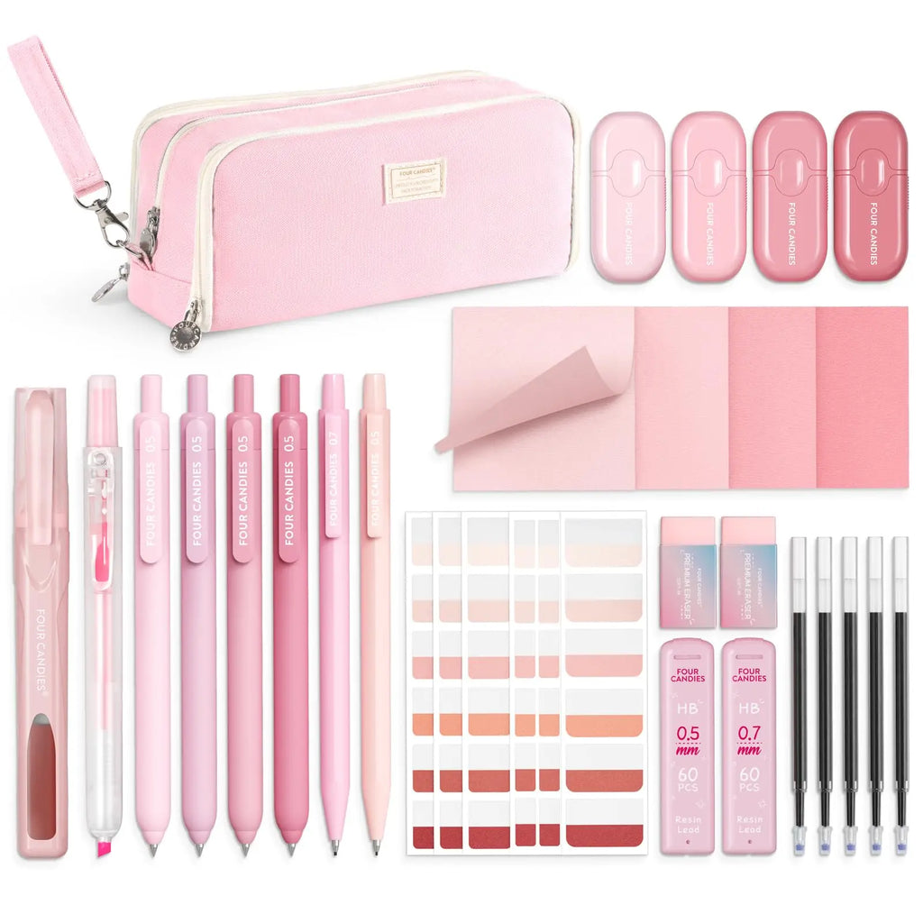 Pink School Supplies Kit with Gel Pens & Highlighters, College Stationery Set